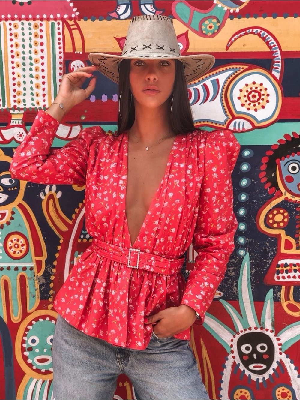 ZARA Floral Peplum Blouse XS Puff Sleeve Cottagecore Romantic Red Top - Picture 13 of 16